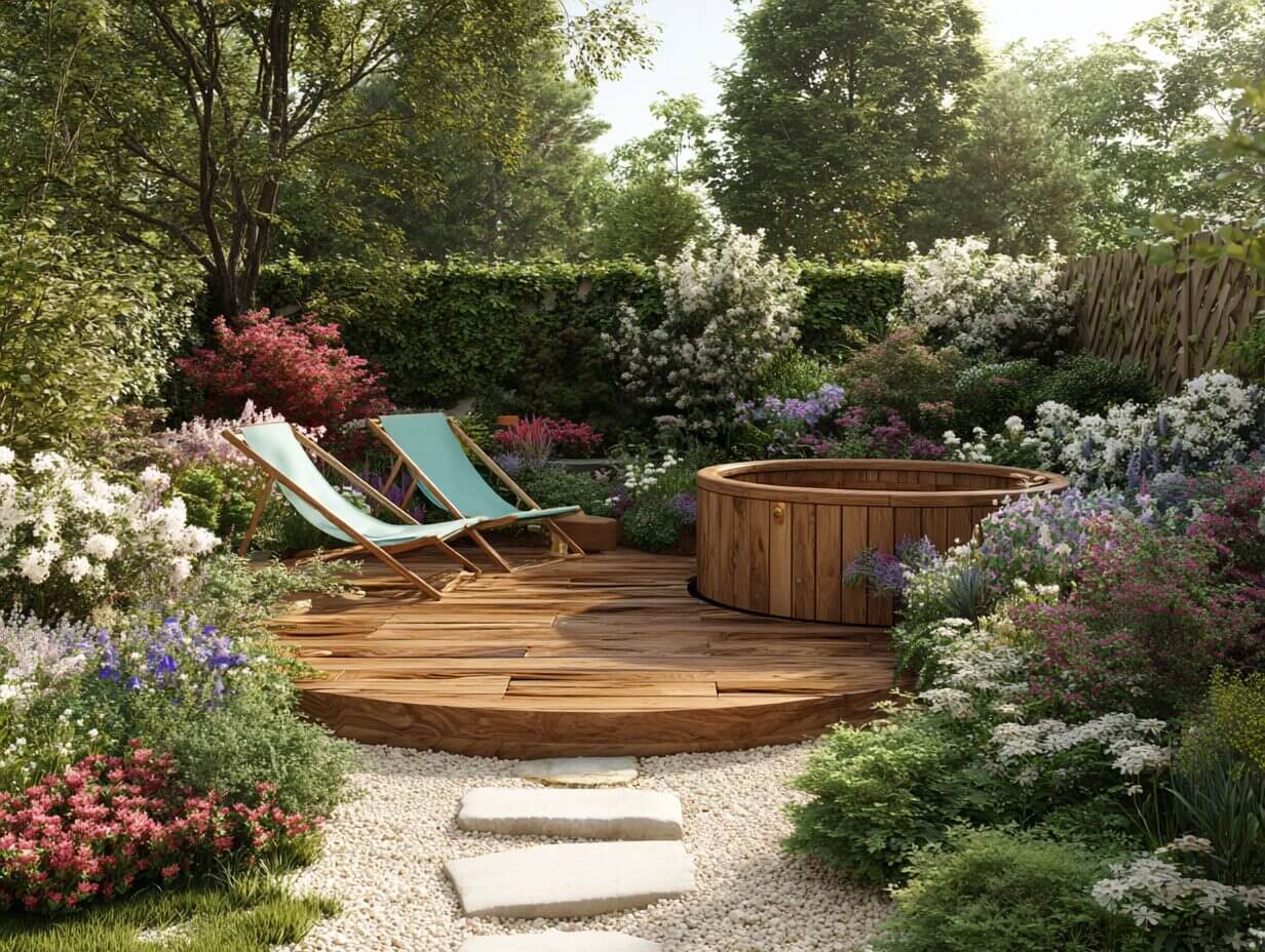 Terrasse im Wellnessbereich mit Badefass